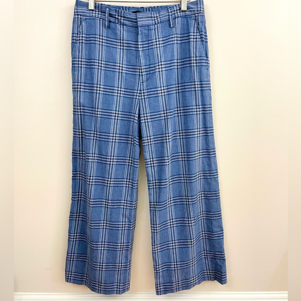 Banana Republic Linen blend Wide-leg Crop Pants Blue Plaid, EUC - Picture 10 of 11